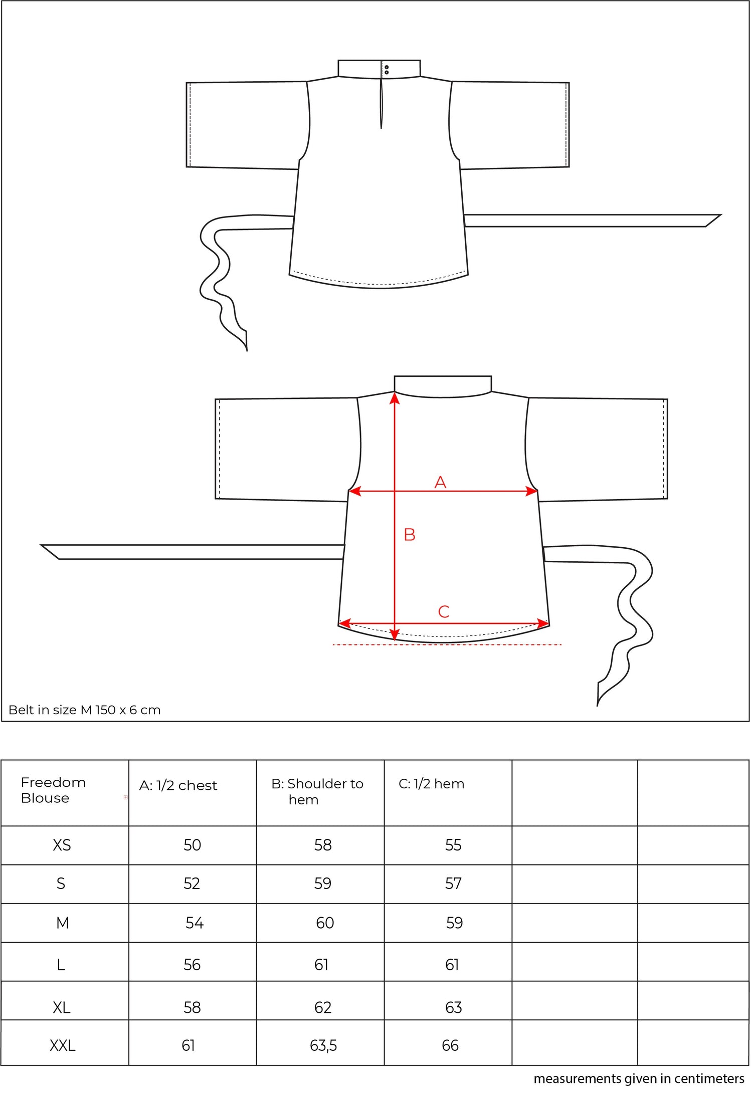 Freedom Blouse measurement table